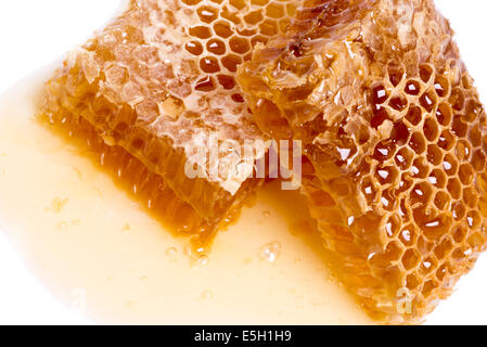 Wachs Waben mit Honig isoliert auf weißem Hintergrund Stockfoto