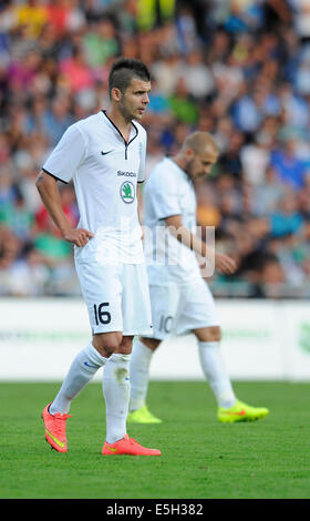 Mlada Boleslav, Tschechien. 31. Juli 2014. UEFA Europa League, 3. Qualifying Runde Spiel FK Mlada Boleslav Vs Olympique Lyon in Mlada Boleslav, Tschechien am 31. Juli. Michal Duris Mlada Boleslav. © CTK/Alamy Live-Nachrichten Stockfoto
