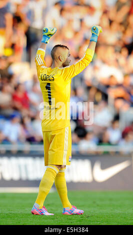 Mlada Boleslav, Tschechien. 31. Juli 2014. UEFA Europa League, 3. Qualifying Runde Spiel FK Mlada Boleslav Vs Olympique Lyon in Mlada Boleslav, Tschechien am 31. Juli. Anthony Lopes von Lyon. © CTK/Alamy Live-Nachrichten Stockfoto