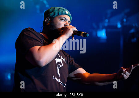 Freiburg, Deutschland. 31. Juli 2014. Deutscher Rapper und Hip-Hop-Künstler aus Hamburg Samy Deluxe live gespielt mit seiner Band Dlx auf dem ZMF-Music-Festival in Freiburg, Deutschland. Foto: Miroslav Dakov / Alamy Live News Stockfoto