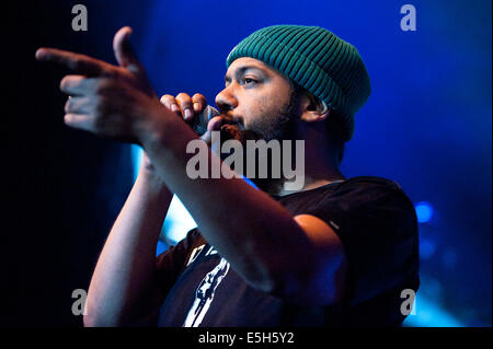 Freiburg, Deutschland. 31. Juli 2014. Deutscher Rapper und Hip-Hop-Künstler aus Hamburg Samy Deluxe live gespielt mit seiner Band Dlx auf dem ZMF-Music-Festival in Freiburg, Deutschland. Foto: Miroslav Dakov / Alamy Live News Stockfoto