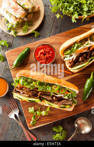 Vietnamesische Banh Mi Schweinesandwich mit Koriander und Daikon Stockfoto