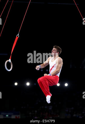 Glasgow, Schottland. 31. Juli 2014. Max Whitlock Englands konkurriert am 31. Juli 2014 der Herren Ringe Finale der künstlerischen Gymnastik bei den 2014 Glasgow Commonwealth Games in der SSE Hydro in Glasgow, Schottland. Max Whitlock auf fünften Platz. Bildnachweis: Han Yan/Xinhua/Alamy Live-Nachrichten Stockfoto