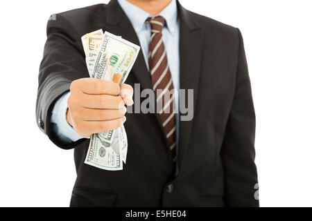 Geschäftsmann hält eine Handvoll von uns Dollar Stockfoto