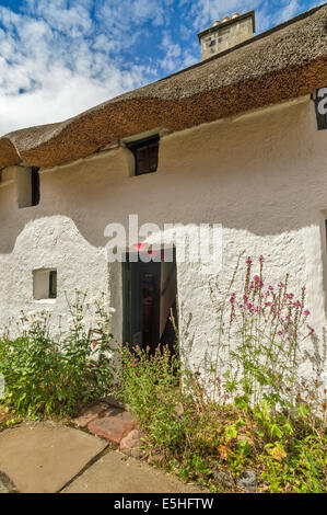 HUGH MILLER COTTAGE DIE TÜR VON UMGEBEN BLUMEN IN CROMARTY AUF DER BLACK ISLE-SCHOTTLAND Stockfoto