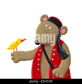 Abbildung des Bären gekleidet Ethno mit gelber Vogel Stockfoto