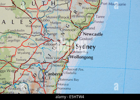 Atlas Karte zeigt die Städte Sydney und New South Wales, Australien, Canberra, Australian capital Stockfoto