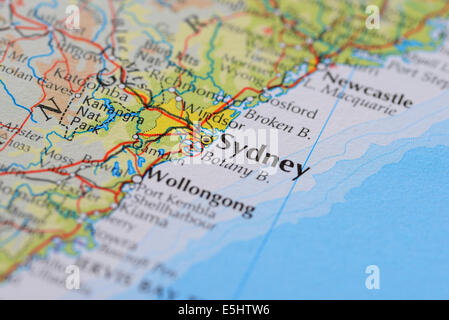 Atlas-Karte, die australische Stadt Sydney in New South Wales Stockfoto