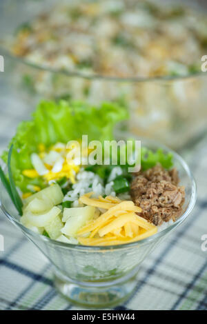 Salat mit Reis, Eiern, Thunfisch und Gemüse Stockfoto