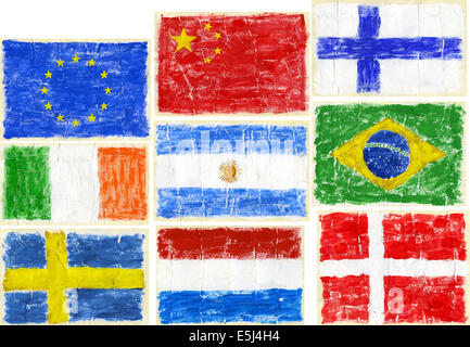 Handgemalte Acryl Fahnen.  Flaggen der EU, China, Finnland, Irland, Argentinien, Brasilien, Schweden, Niederlande, Dänemark, einschließlich. Stockfoto