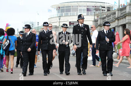 Brighton, Sussex, UK. 2. August 2014. Mitglieder der Polizei teilnehmen an die jährliche Brighton Pride Parade beginnt an der Strandpromenade und endet in Preston Park Stockfoto