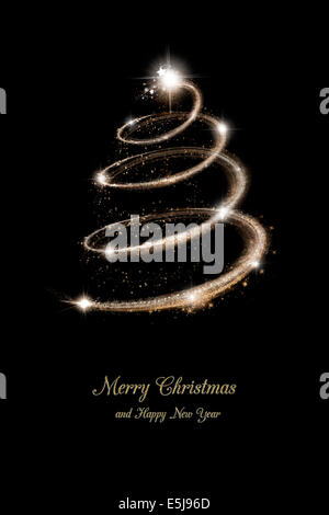 Elegante Weihnachtsbaum in Gold über Gruß Text auf schwarzem Hintergrund Stockfoto