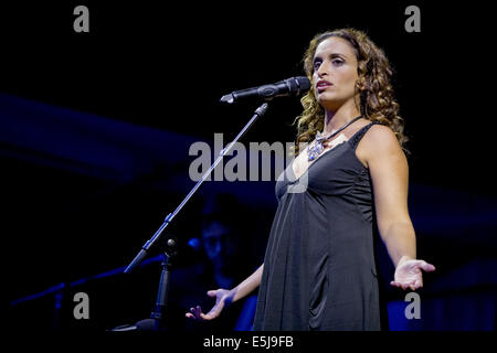 Nürnberg, Deutschland. 1. August 2014. Israelische Sängerin Achinoam Nini, bekannt als Noa, führt beim 39. Festival der Bardentreffen in Nürnberg, 1. August 2014. Das Motto des diesjährigen Festivals ist Krieg und Frieden und der Start fällt genau auf den 100. Jahrestag des Beginns des ersten Weltkriegs. Es dauert bis zum 03. August. Foto: DANIEL KARMANN/Dpa/Alamy Live News Stockfoto