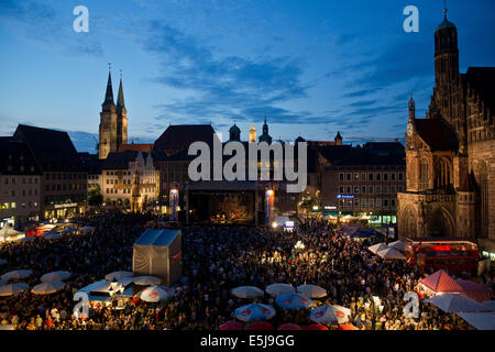 Nürnberg, Deutschland. 1. August 2014. Menschen besuchen das 39. Bardentreffen Musikfestival in Nürnberg, 1. August 2014. Das Motto des diesjährigen Festivals ist Krieg und Frieden und der Start fällt genau auf den 100. Jahrestag des Beginns des ersten Weltkriegs. Es dauert bis zum 03. August. Foto: DANIEL KARMANN/Dpa/Alamy Live News Stockfoto