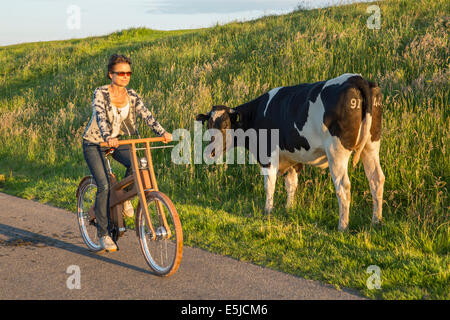 Niederlande, Stavoren, Kuh Frau Ast Fahrrad zu betrachten. Das Dutch Design aus Holz-Bike ist eine Schöpfung von Jan Gunneweg Stockfoto