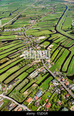 Niederlande, Oostzaan, Oostzanerveld, Bog Gegend mit Wiesen und Häuser. Luft. Stockfoto