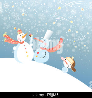 lustiger Schneemann auf Hintergrund mit Schneeflocken Stockfoto
