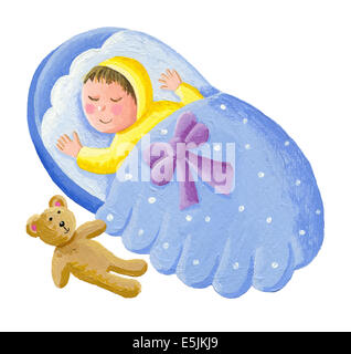 Acryl Bild süße Babys schlafen mit Teddybär Stockfoto