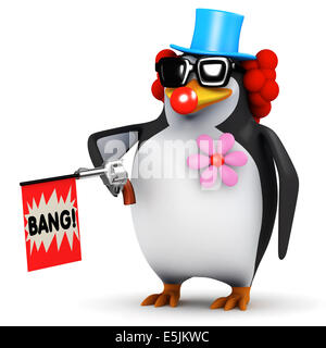 3D Rendering eines Pinguins, gekleidet wie ein Clown feuern eine Spielzeugpistole Stockfoto