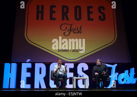 Medellin, Kolumbien. 2. August 2014. Bild zur Verfügung gestellt von der Kolumbien Präsidentschaft zeigt die kolumbianische Präsident Juan Manuel Santos (L) und Steve Wozniak, Mitbegründer von Apple Inc., Teilnahme 2014 Helden Fest in der Stadt Medellin, Kolumbien, am 2. August 2014. © Andres Piscov/Kolumbien Präsidentschaft/Xinhua/Alamy Live-Nachrichten Stockfoto