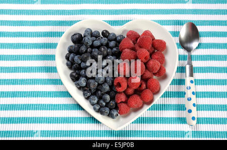 Gesunde Ernährung hohe Ballaststoffe Frühstück mit Heidelbeeren und Himbeeren in Herz Form weiße Platte auf Aqua blau Streifen Platz Stockfoto