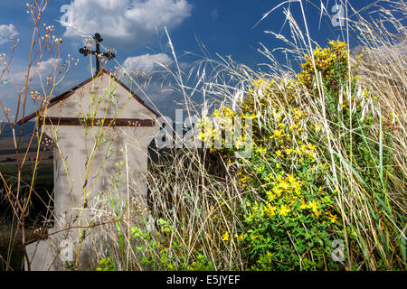 Barockkreuz kleine Kapelle Pilgerfahrt Calvary Hill, Wildblumen Wiesenlandschaft Common St. Johns Wort Hypericum perforatum Klamath Unkraut Gräser Tschechisch Stockfoto