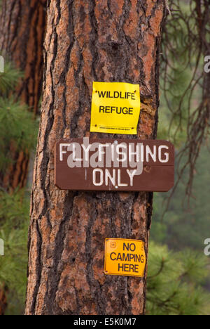 Fliegenfischen Zeichen auf West Metolius River Trail, Metolius & Scenic Wildfluss, Deschutes National Forest, Oregon Stockfoto