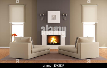 Moderne Wohn-und Esszimmer mit Kamin Ameise zwei Longchair - Rendering Stockfoto