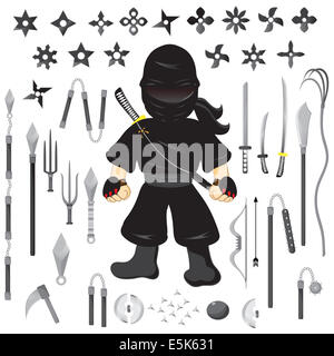 Darstellung von Zeichen Ninja und Waffe, Cartoon-Vektor Stockfoto