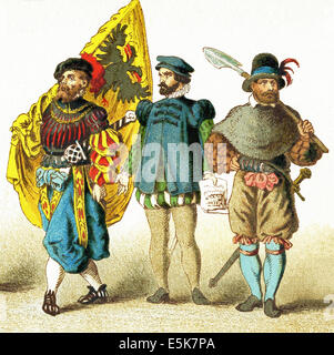 Die Abbildungen zeigen die deutschen zwischen 1550 und 1600. Sie sind von links nach rechts: Fähnrich, ein Provost Marshal und ein Pionier. Stockfoto