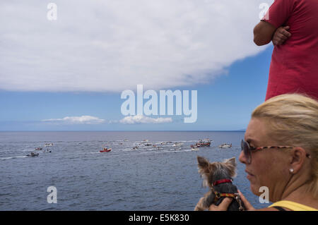 San Juan, Teneriffa, Kanarische Inseln, Spanien. 3. August 2014. Die Nuestra Señora del Carmen und San Juan Bautista Bildnissen werden in den Hafen gebracht und verladen auf Angelboote/Fischerboote für eine maritime Prozession, begleitet von einer Armada von Booten, um benachbarte Fischerdörfer im Rahmen des jährlichen Fiesta in Playa San Juan, Teneriffa, Kanarische Inseln, Spanien zu besuchen. Bildnachweis: Phil Crean A/Alamy Live-Nachrichten Stockfoto