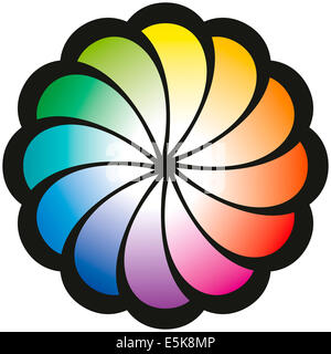 Regenbogen Spirale Blume - leafs spiralförmige Muster in Form einer Blume mit zwölf Farben des Regenbogens. Abbildung auf weiß Stockfoto