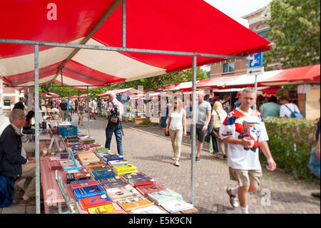 DEVENTER, NIEDERLANDE - 3. AUGUST 2014. Die Promenade überfüllt mit Menschen, die scheuern die Buch-Stände. Stockfoto