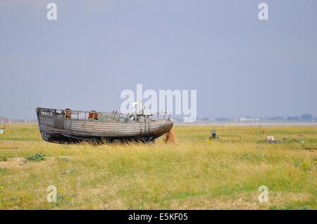 Verlassene verlassene Fischerboot, das auf dem grasbedeckten Kiesstrand über dem hohen Wasser aufgestellt wurde. Dungeness, Kent, England, Großbritannien. Stockfoto