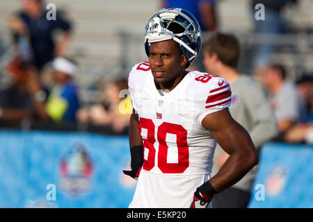 Canton, Ohio, USA. 3. August 2014. New York WR VICTOR CRUZ (80) erwärmt sich vor die Hall of Fame Game gegen die Buffalo Bills spielte in der Pro Football Hall Of Fame-Feld Fawcett Stadium in Canton, Ohio. Bildnachweis: Frank Jansky/ZUMA Draht/Alamy Live-Nachrichten Stockfoto