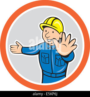 Abbildung eines Bauarbeiters Generator mit händigt Set im inneren Kreis auf isolierten weißen Hintergrund im Cartoon-Stil gemacht. Stockfoto