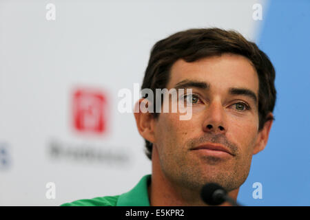 Rio De Janeiro, Brasilien. 3. August 2014. Mathew Belcher, London olympische Goldmedaille in der Klasse 470 Jolle besucht eine Pressekonferenz in Rio De Janeiro, Brasilien, 3. August 2014. Eine Pressekonferenz wurde durch die lokale Organisation Ausschuss des Rio 2016 Olympischen und Paralympischen Spiele vor dem ersten test Event, International Segeln Regatta 2014, an der Marina da Gloria Bucht hier am Sonntag. Die Test-Event wird vom Aug. 2 bis Aug. 9 stattfinden. © Xu Zijian/Xinhua/Alamy Live-Nachrichten Stockfoto