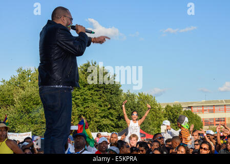 London, UK, 3. August 2014: Alain Ramanisum führt auf die mauritische Kultur zu feiern, der den sechsten Mauritius Open Air Festival 2014 bei Down Lane Park in London. Bildnachweis: Siehe Li/Alamy Live News Stockfoto