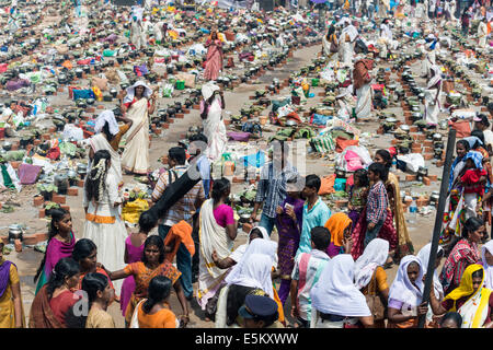 Frauen kochen Prasad während des Pongala Festivals, Thiruvananthapuram, Kerala, Indien Stockfoto