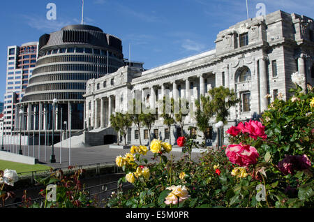 Rosen-Parlamentsgebäude, Bienenstock (auch bekannt als Exekutiv-Flügel) und Parliament House, Wellington, Nordinsel, Neuseeland Stockfoto