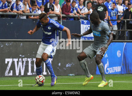 Gelsenkirchen, Deutschland. 3. August 2014. Schalke Eric Maxim Choupo-Moting (L) Und Newcastle Moussa Sissoko wetteifern um den Ball während dem Test von Schalke Pokalspiel zwischen FC Schalke 04 und Newcastle United in Veltins-Arena in Gelsenkirchen, Deutschland, 3. August 2014. Foto: Matthias Balk/Dpa/Alamy Live News Stockfoto