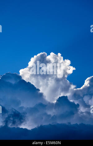 Dramatische Cumulonimbus-Wolken mit Hintergrundbeleuchtung vor einem blauen Sommerhimmel in Großbritannien Stockfoto
