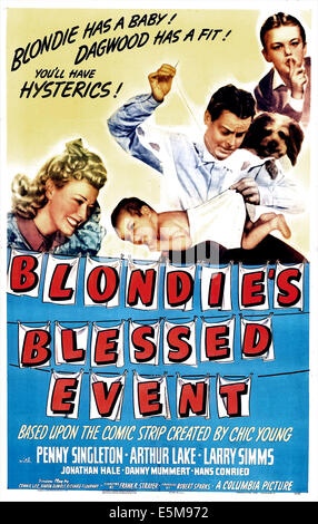 BLONDIE gesegnetes Ereignis, US-Plakat, von links: Penny Singleton, Arthur See, Daisy, Larry Simms, 1942 Stockfoto