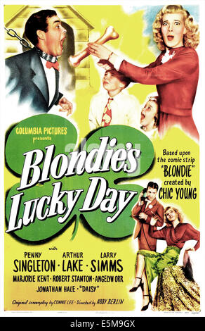 BLONDIE Glückstag, US-Plakat, von links: Arthur Lake, Larry Simms, Penny Singleton, Marjorie Kent (aka Marjorie Ann Mutchie) Stockfoto