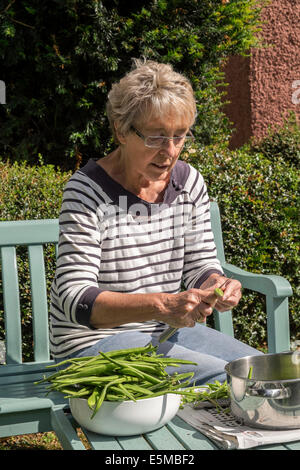 Ältere Frau mit rheumatoider Arthritis im Garten Königreich schneiden selbst angebautes grün/Stangenbohnen bereit zur späteren Verwendung einfrieren Stockfoto