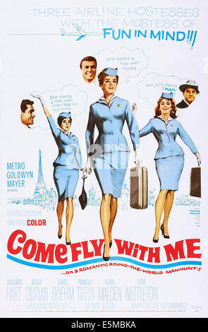 COME FLY WITH ME, US-Plakat, von links: Hugh O'Brian, Pamela Tiffin, Karl Boehn, Dolores Hart, Lois Nettleton, Karl Malden, 1963 Stockfoto