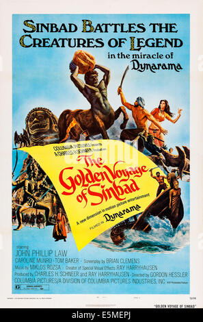 THE GOLDEN VOYAGE OF SINBAD, US-Plakat, oben von links: Centaur, John Phillip Law, Caroline Munro auf Plakatkunst, 1974 Stockfoto