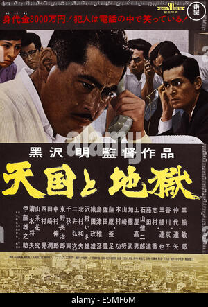 HOCH und tief, (aka TENGOKU zu JIGOKU), oben links: Kyoko Kagawa, vorne: Toshiro Mifune auf japanische Plakatkunst, 1963. Stockfoto