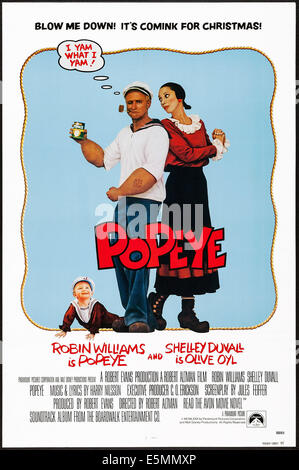 POPEYE, US-Plakat, von links: Wesley Ivan Hurt, Robin Williams und Shelley Duvall, 1980. © Paramount/Courtesy Everett Collection Stockfoto