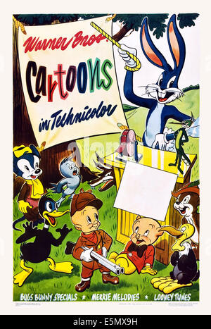 WARNER BROS.-CARTOONS, Lager Plakat, hinten von links: Schnupfen, Maus, Henery Hawk, Bugs Bunny, vordere Form Links: Daffy Duck Stockfoto